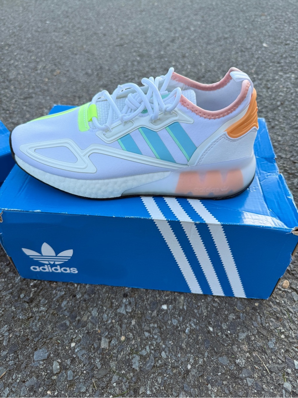 adidas women’s ZX 2K boost - White Sneakers with Green, Blue, Pink & Orange